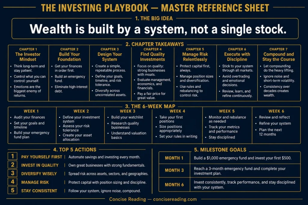 Master Reference Sheet from The Investing Playbook by Concise Reading — full playbook compressed into a printable two-page reference with chapter takeaways, 6-week MAP summary, top 5 actions, and milestone goals