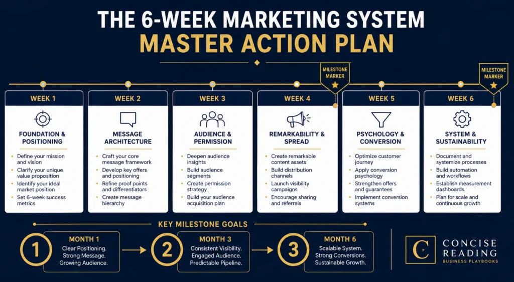 6-Week Marketing System Master Action Plan diagram showing weekly actions, milestone markers, and Month 1, Month 3, and Month 6 goals — from The Marketing Playbook by Concise Reading