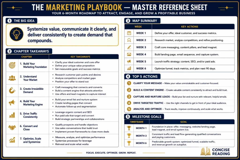 Master Reference Sheet from The Marketing Playbook by Concise Reading — shows the big idea, chapter takeaways, 6-week MAP summary, top 5 actions, and milestone goals on one page