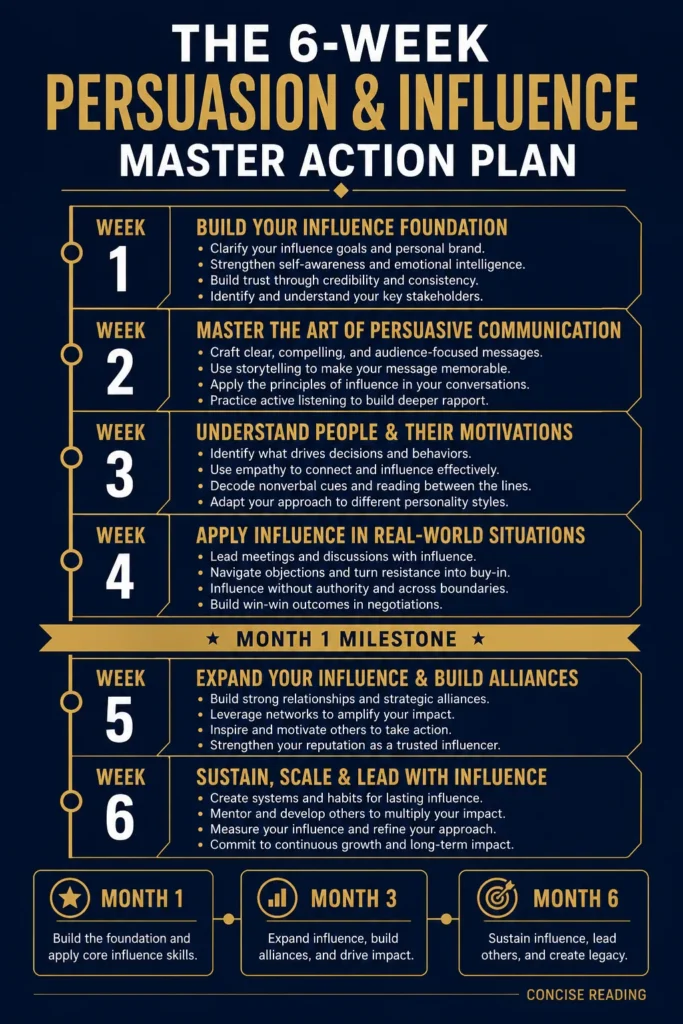6-week master action plan diagram for The Persuasion and Influence Playbook by Concise Reading