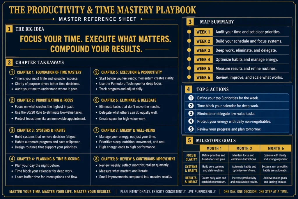 Master Reference Sheet from The Productivity and Time Mastery Playbook — chapter takeaways, MAP summary, top actions and milestone goals
