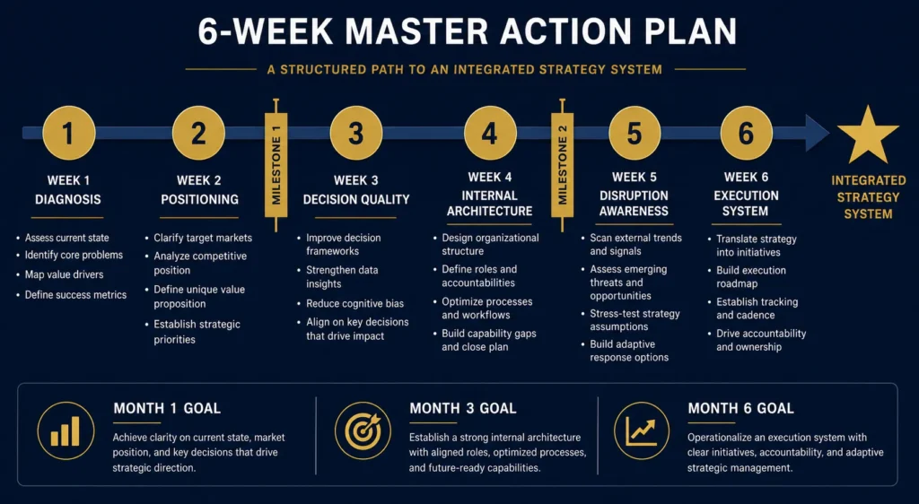 6-Week Master Action Plan for The Strategy Playbook — Week by week implementation timeline from strategic diagnosis to integrated strategy system