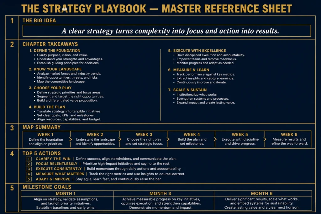 The Strategy Playbook Master Reference Sheet — complete strategy system on two pages including chapter takeaways, 6-week MAP summary, top 5 actions, and milestone goals