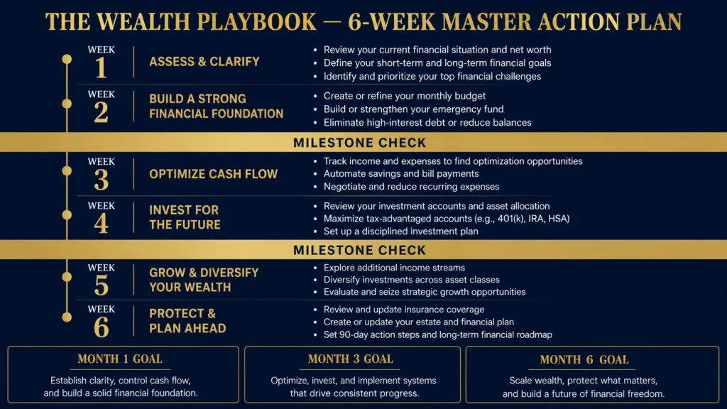 6-Week Master Action Plan from The Wealth Playbook showing weekly financial implementation steps from mindset to wealth protection