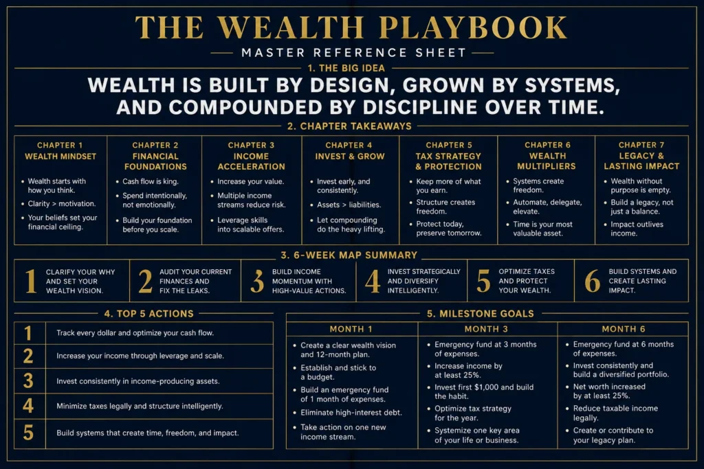 The Wealth Playbook Master Reference Sheet showing the big idea, chapter takeaways, 6-week MAP summary, top 5 actions and milestone goals