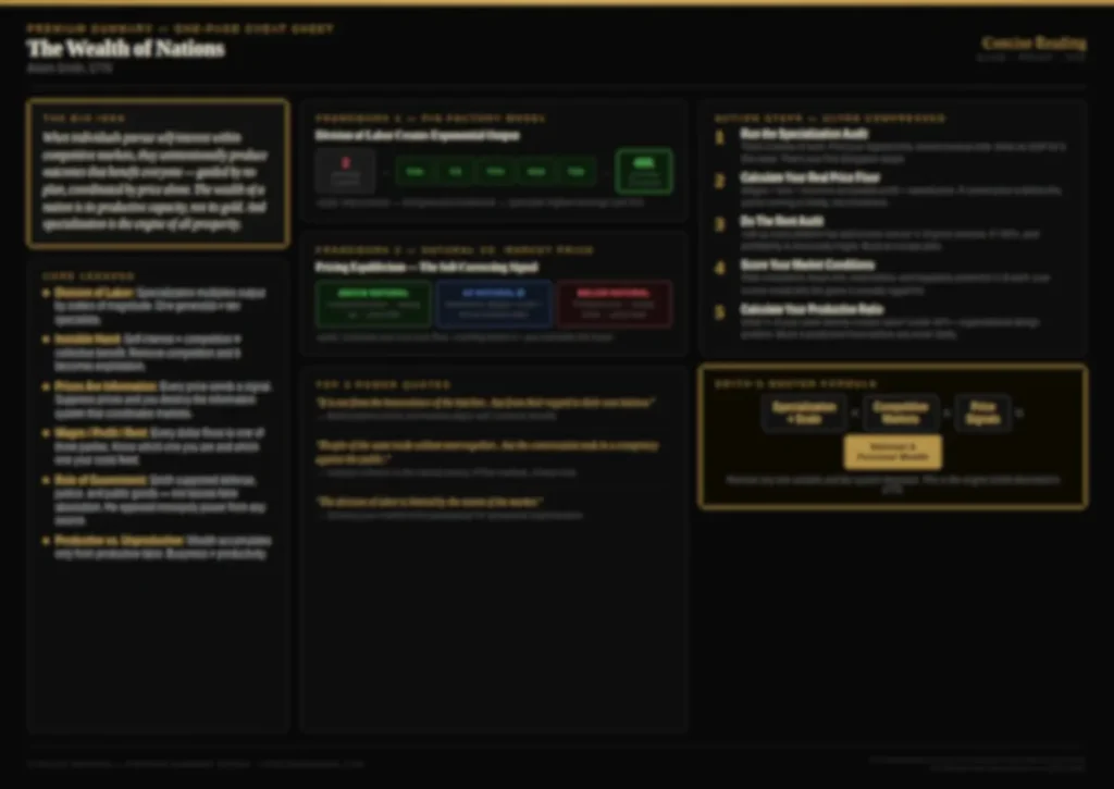 Blurred preview of The Wealth of Nations one-page cheat sheet — available in the Concise Reading premium summary