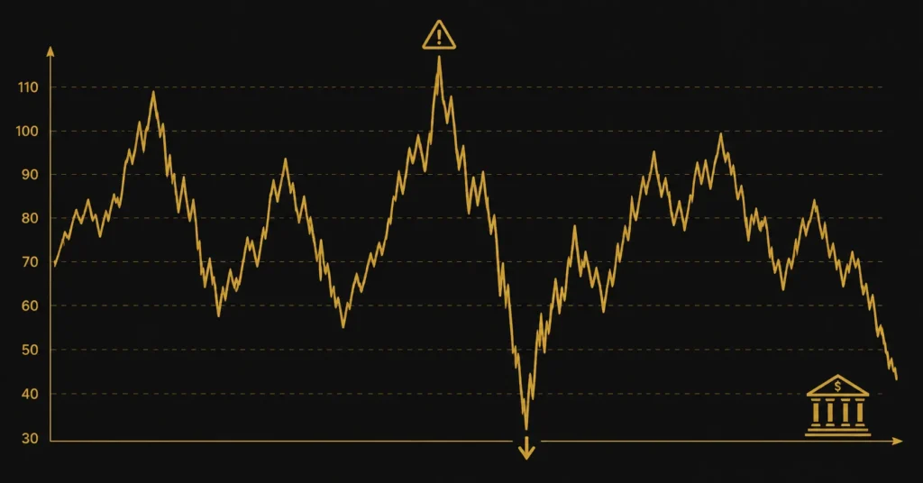 Volatile gold financial chart with crisis indicators on dark background representing Wall Street drama