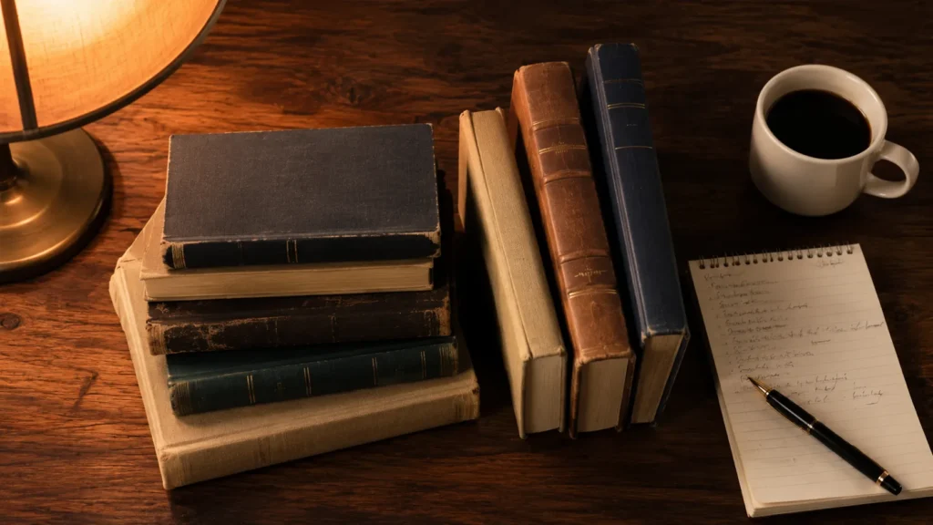 Stack of the best personal finance books on a wooden desk with coffee and notepad