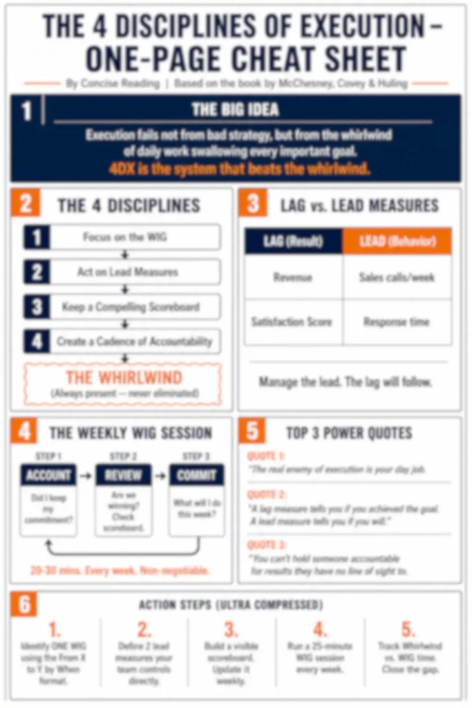 Blurred preview of The 4 Disciplines of Execution one-page cheat sheet — available in premium summary