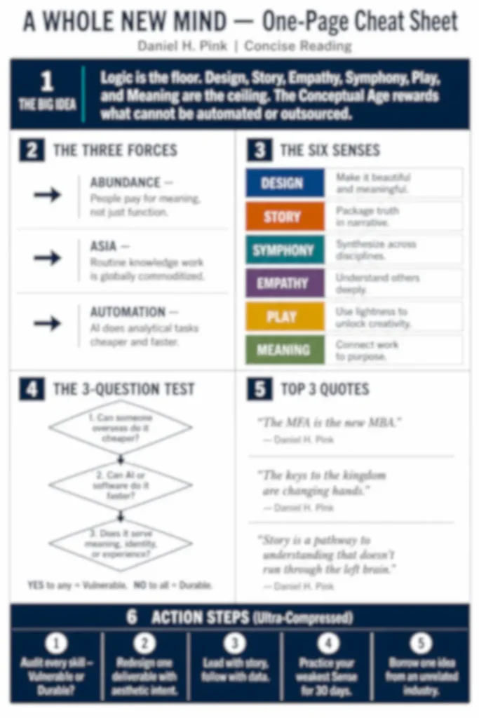 Blurred preview of the A Whole New Mind premium summary one-page cheat sheet by Concise Reading
