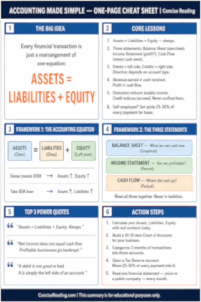 Blurred preview of the Accounting Made Simple one-page cheat sheet included in the Concise Reading premium summary