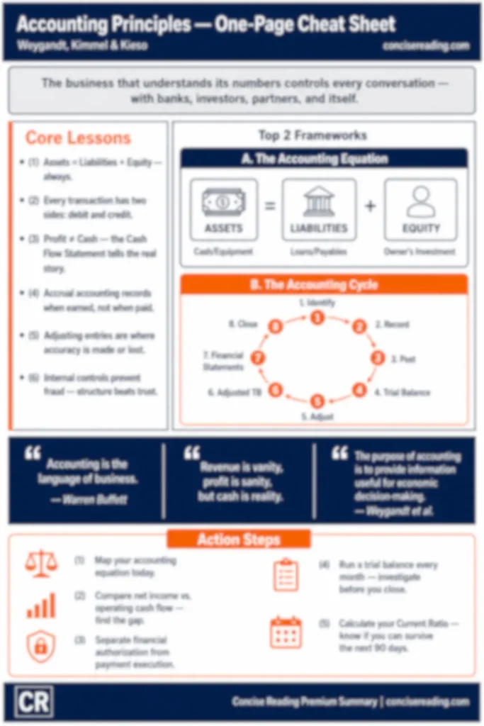 Blurred preview of the Accounting Principles one-page cheat sheet from Concise Reading premium summary