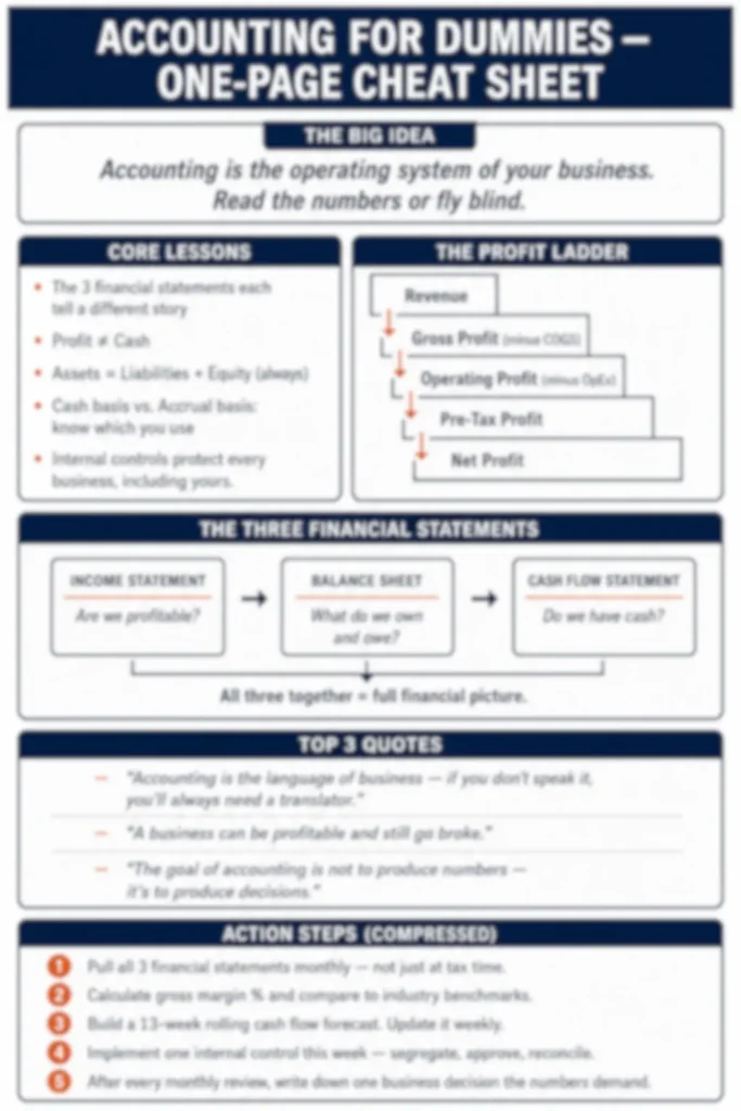 One-page cheat sheet for Accounting for Dummies — key lessons, frameworks, and action steps
