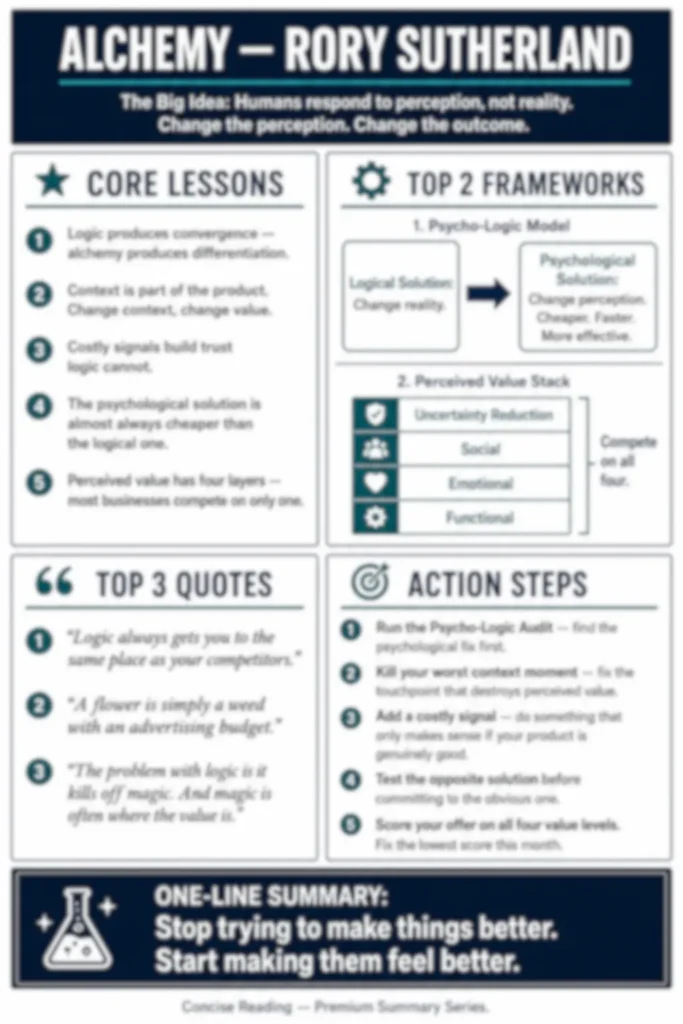 Blurred preview of the Alchemy by Rory Sutherland one-page cheat sheet from Concise Reading premium summary