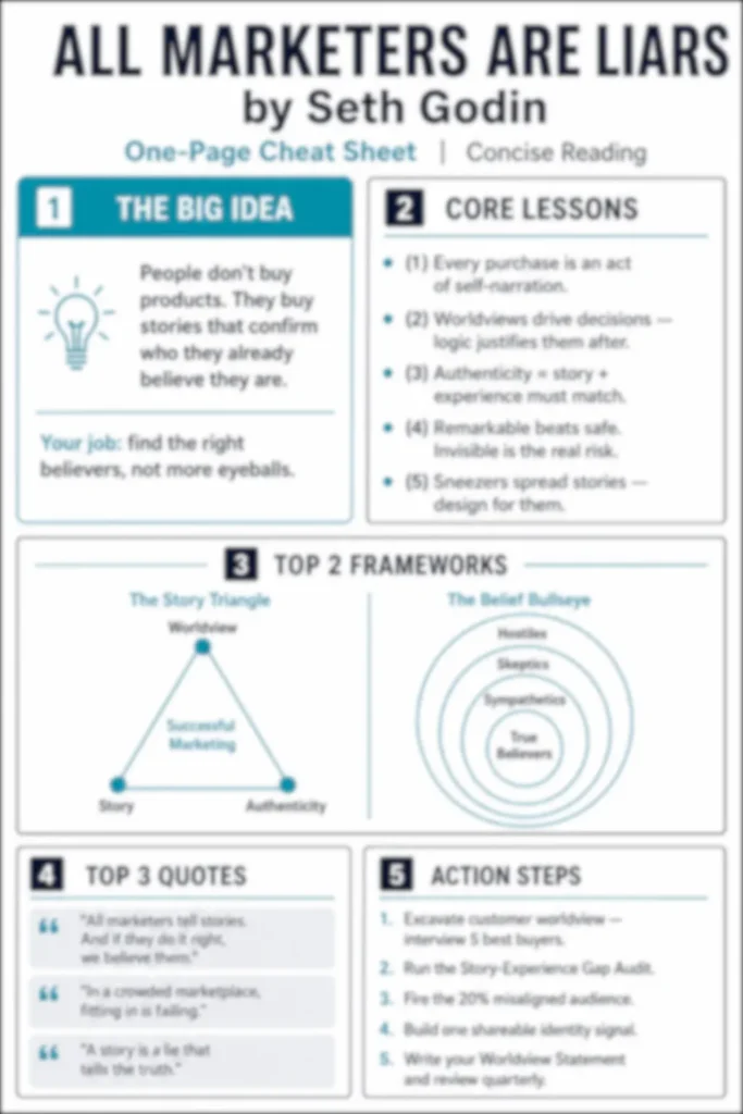 Blurred preview of the All Marketers Are Liars one-page cheat sheet from the Concise Reading premium summary