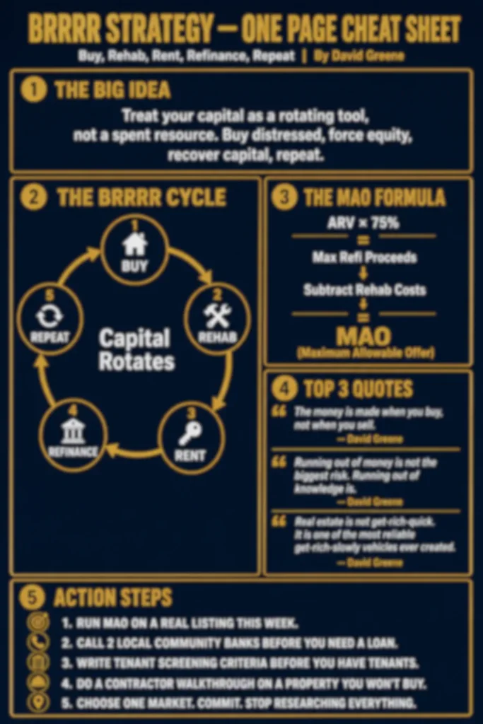 Blurred preview of the BRRRR strategy one-page cheat sheet from the premium book summary