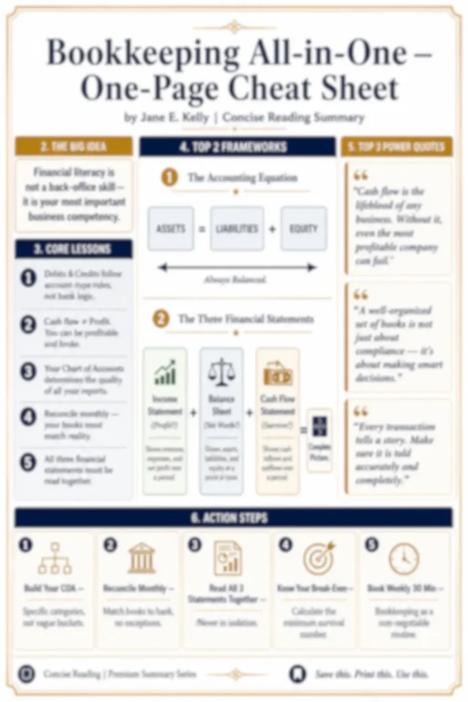 Text: Blurred preview of the Bookkeeping All-in-One one-page cheat sheet — available in the premium summary by Concise Reading