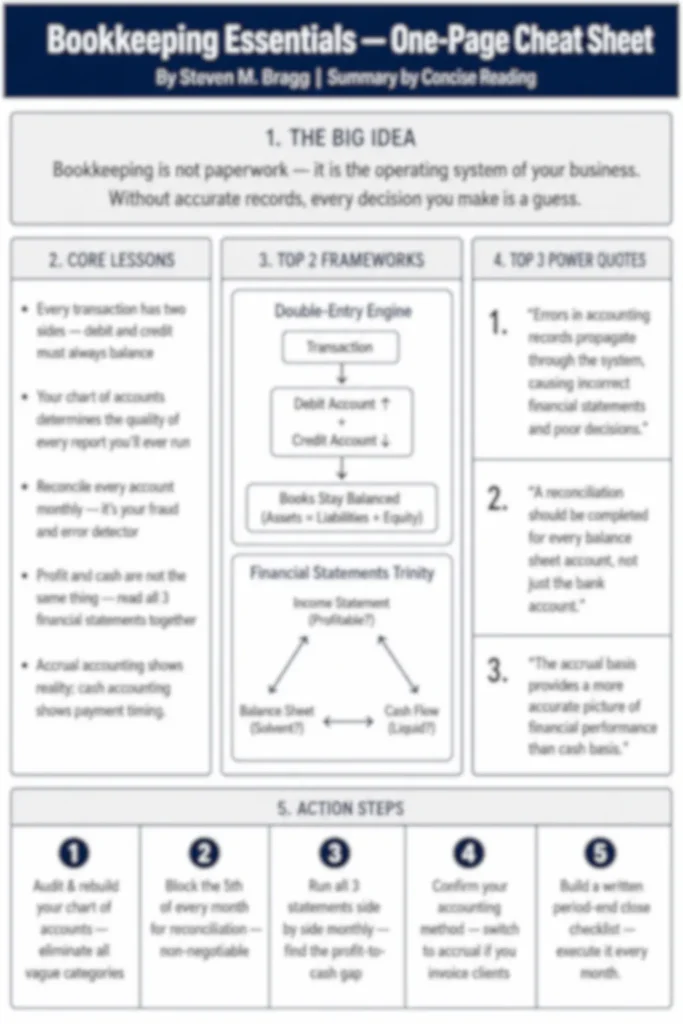 Blurred preview of the Bookkeeping Essentials one-page cheat sheet from Concise Reading premium summary