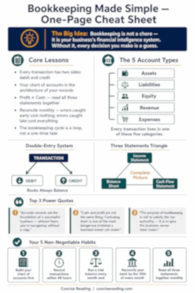 Blurred preview of the Bookkeeping Made Simple one-page cheat sheet included in the Concise Reading premium summary
