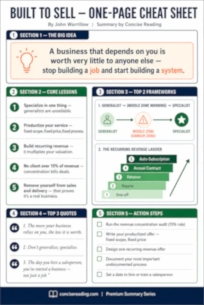 Blurred preview of the Built to Sell one-page cheat sheet from Concise Reading's premium summary