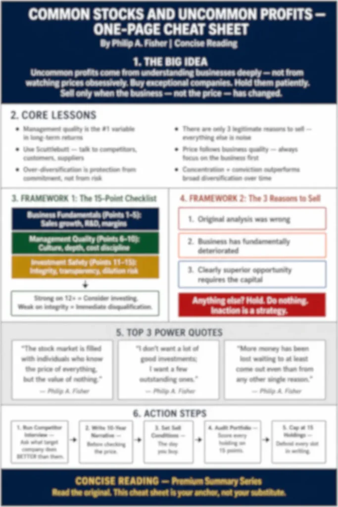 Blurred preview of the one-page cheat sheet from the Common Stocks and Uncommon Profits premium summary by Concise Reading