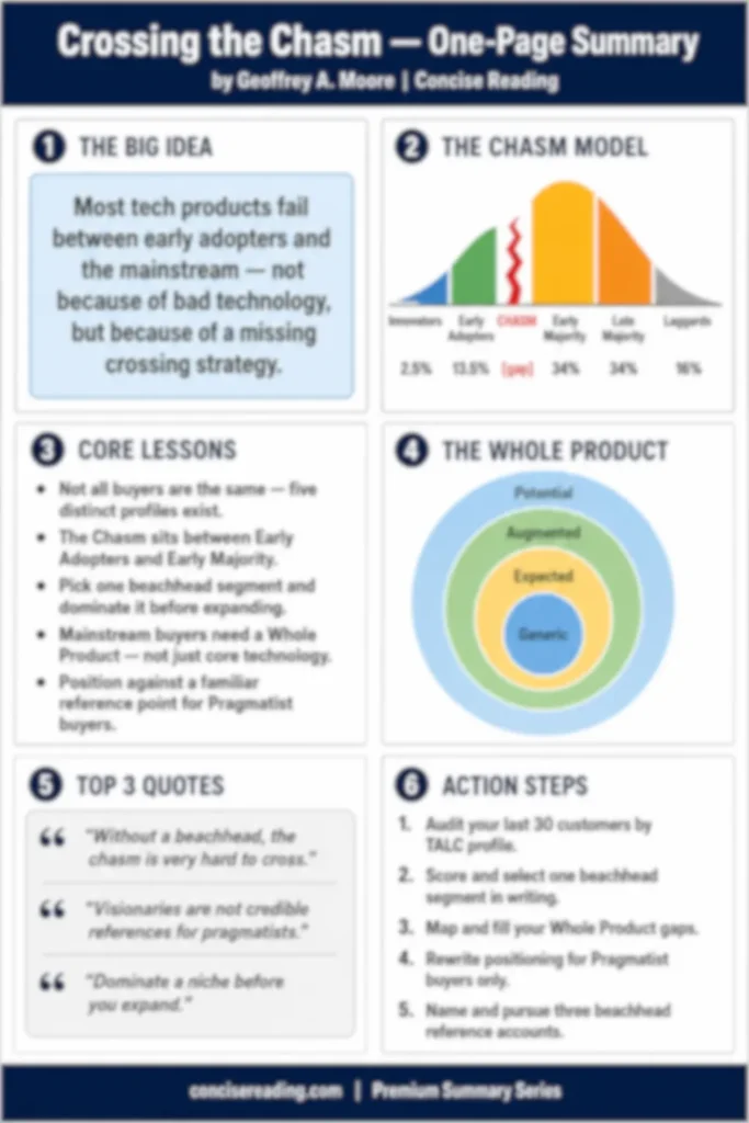 Blurred preview of the Crossing the Chasm one-page cheat sheet from Concise Reading premium summary