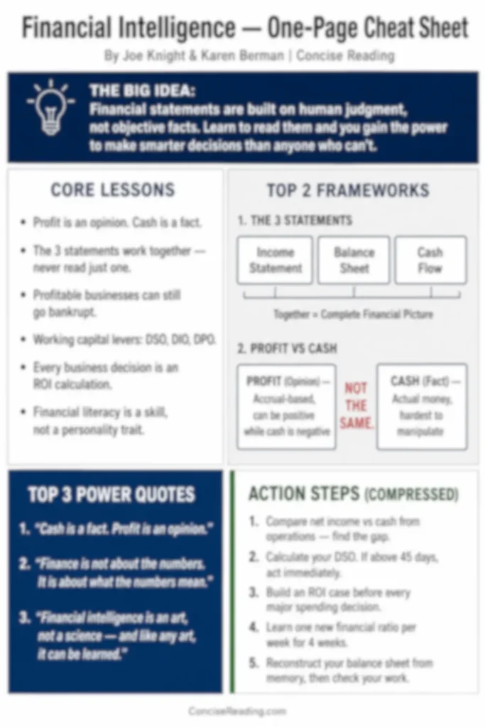 Blurred preview of the Financial Intelligence one-page cheat sheet from the Concise Reading premium summary
