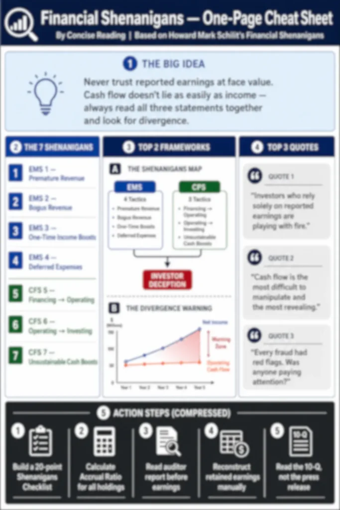 Blurred preview of the Financial Shenanigans one-page cheat sheet included in the Concise Reading premium summary