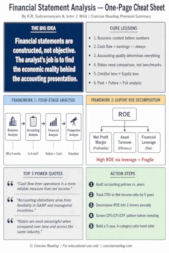 Blurred preview of the Financial Statement Analysis one-page cheat sheet from Concise Reading's premium summary
