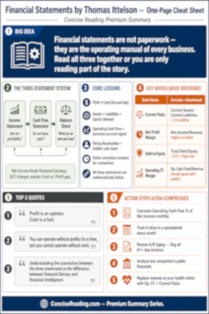 Blurred preview of the Financial Statements one-page cheat sheet from Concise Reading's premium summary — includes key frameworks, ratios, quotes and action steps