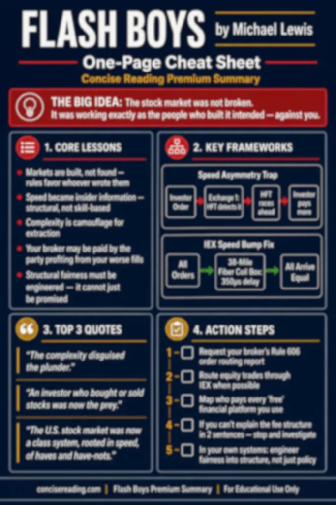Blurred preview of the Flash Boys one-page cheat sheet from Concise Reading premium summary — includes big idea, key frameworks, top quotes and action steps
