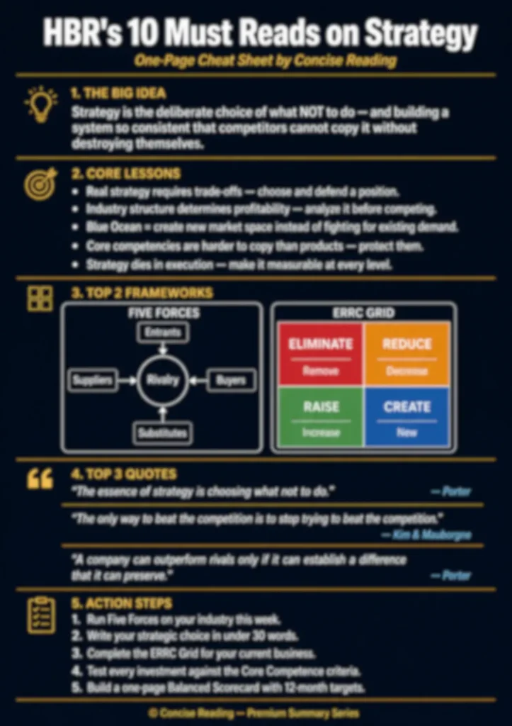 Blurred preview of the one-page strategy cheat sheet from the Premium Summary of HBR's 10 Must Reads on Strategy — available at Concise Reading