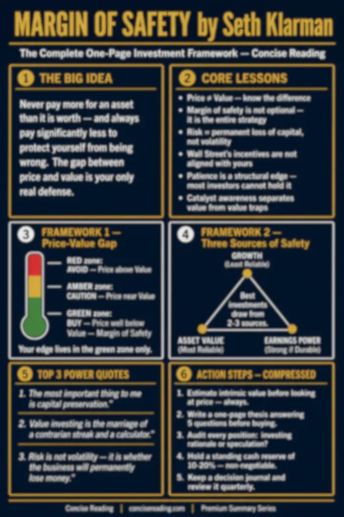 Blurred preview of the Margin of Safety one-page cheat sheet by Seth Klarman — available in the premium summary at Concise Reading