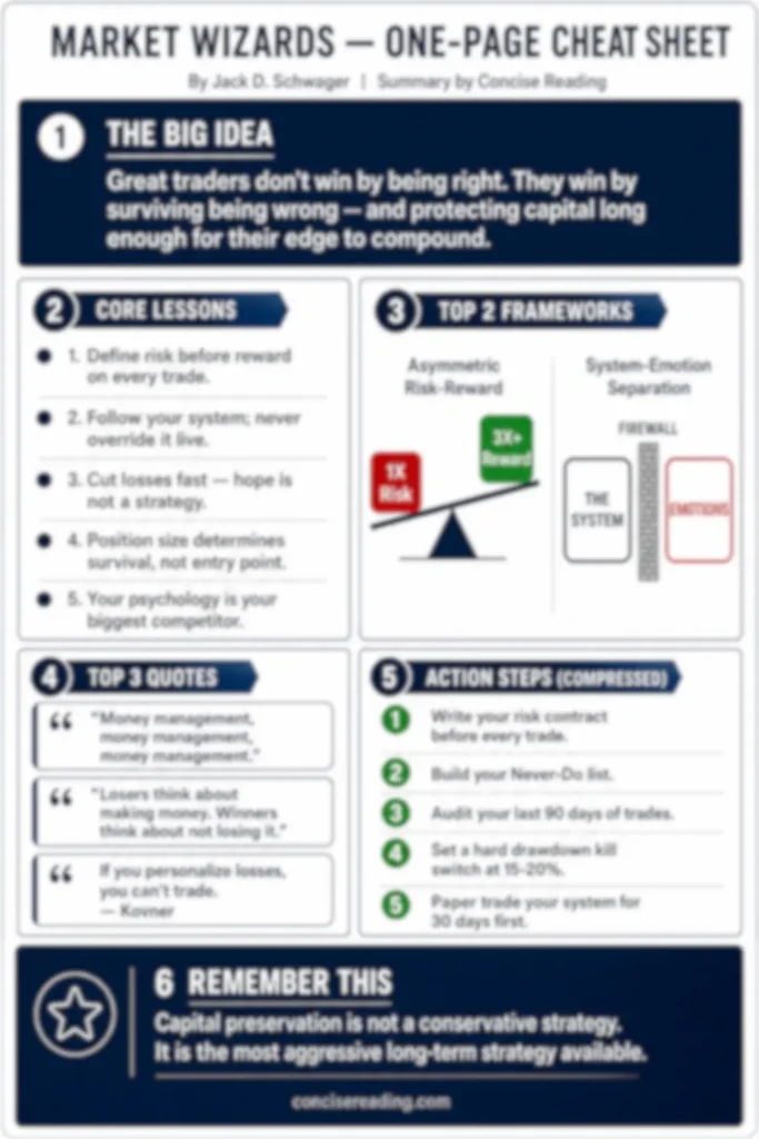 Blurred preview of the Market Wizards one-page cheat sheet from Concise Reading premium summary