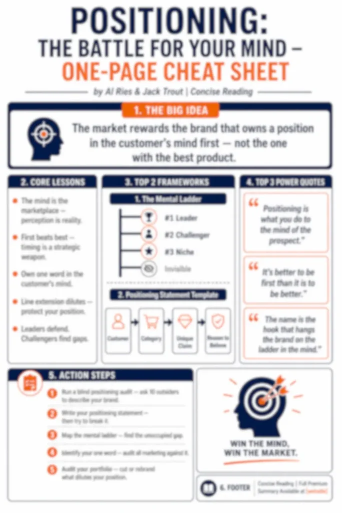 Blurred preview of the Positioning by Al Ries and Jack Trout one-page cheat sheet from the Concise Reading premium summary