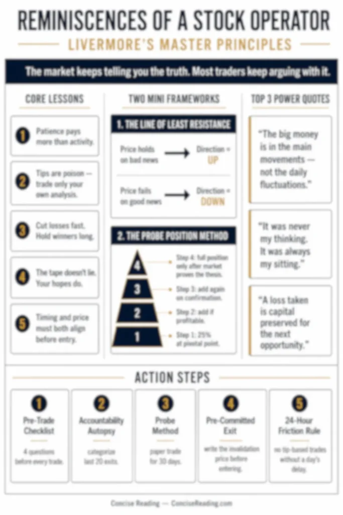 Blurred preview of the Reminiscences of a Stock Operator one-page cheat sheet — available in the premium summary