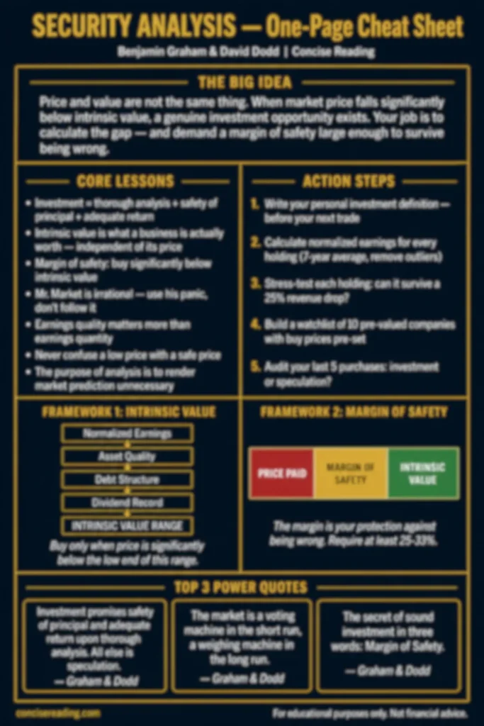 Blurred preview of Security Analysis one-page cheat sheet by Concise Reading — premium summary