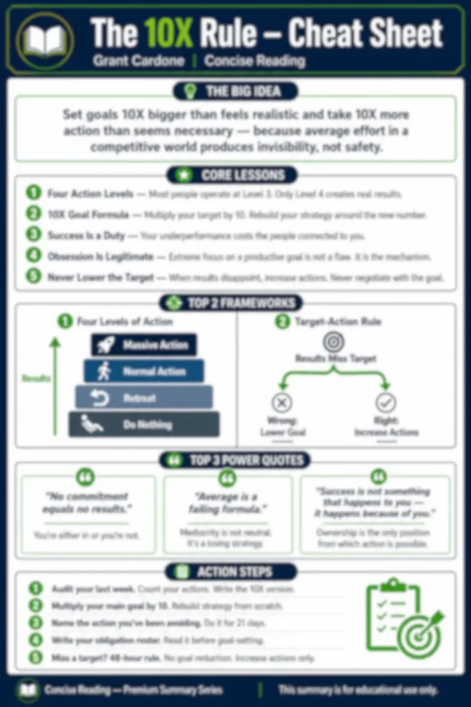 Blurred preview of The 10X Rule one-page cheat sheet by Concise Reading