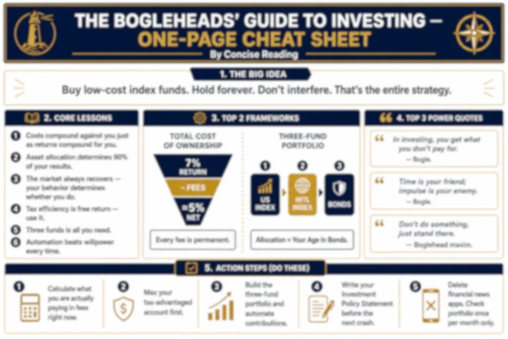 Blurred preview of The Bogleheads Guide to Investing one-page cheat sheet by Concise Reading