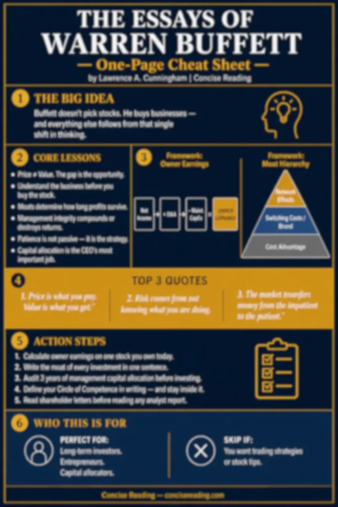 Blurred preview of the one-page cheat sheet from the premium summary of The Essays of Warren Buffett — available in the Concise Reading premium version