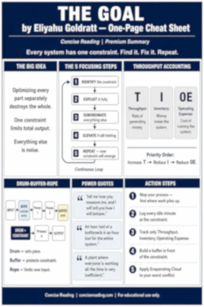 Blurred preview of The Goal one-page cheat sheet — Theory of Constraints frameworks and action steps, available in premium summary