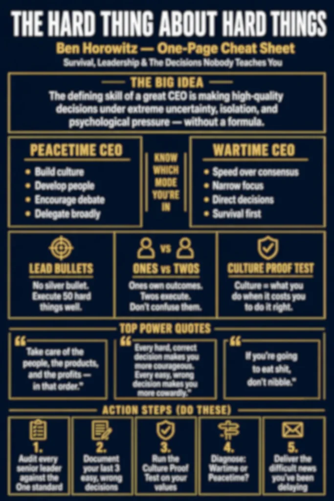 Blurred preview of The Hard Thing About Hard Things one-page cheat sheet — Concise Reading Premium Summary