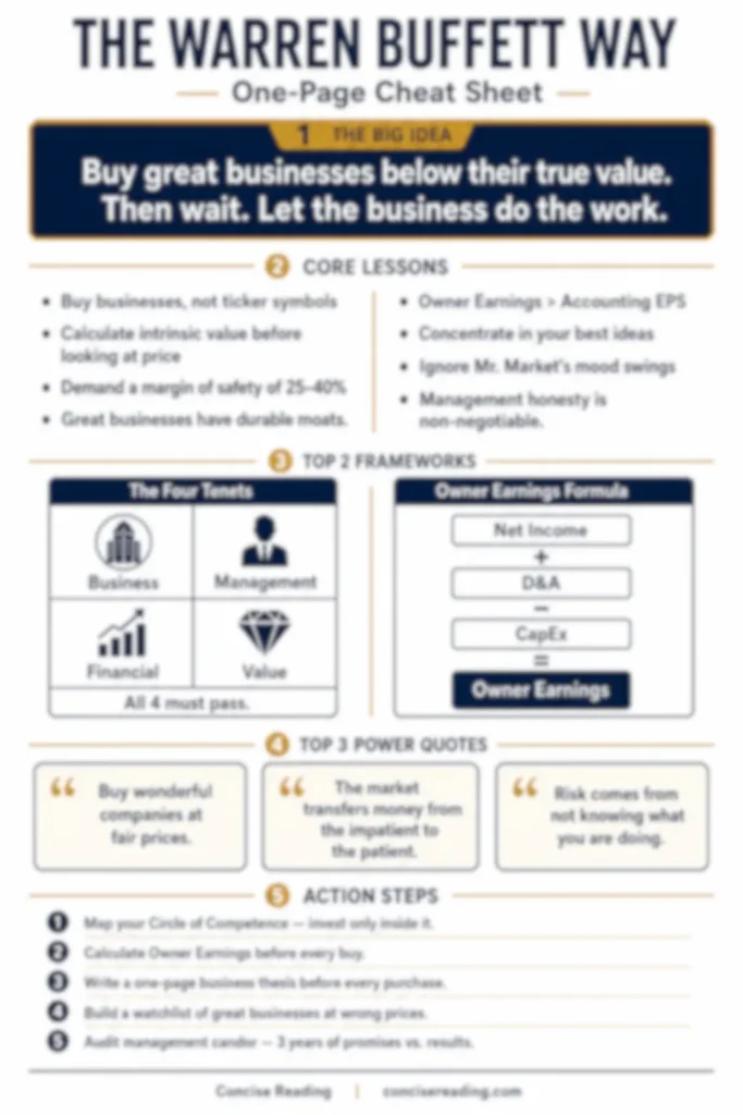 Blurred preview of The Warren Buffett Way one-page cheat sheet — included in Concise Reading premium summary