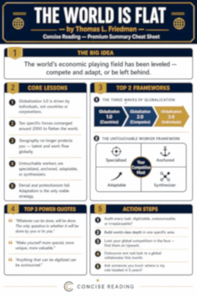Blurred preview of the one-page cheat sheet from The World Is Flat premium summary by Concise Reading