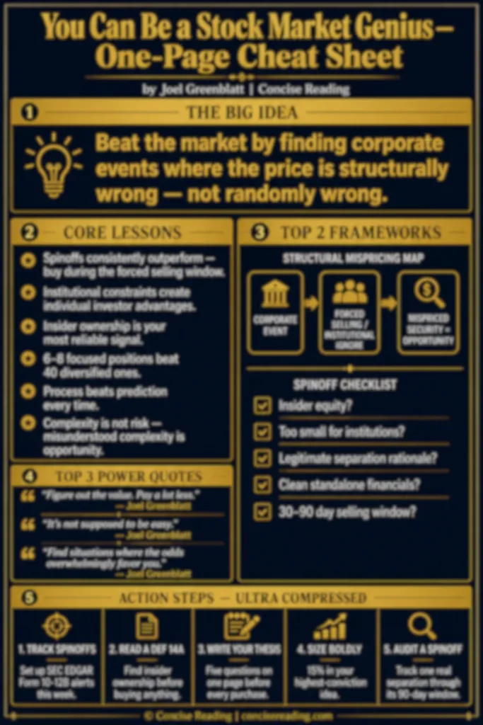 Blurred preview of the You Can Be a Stock Market Genius one-page cheat sheet from Concise Reading premium summary