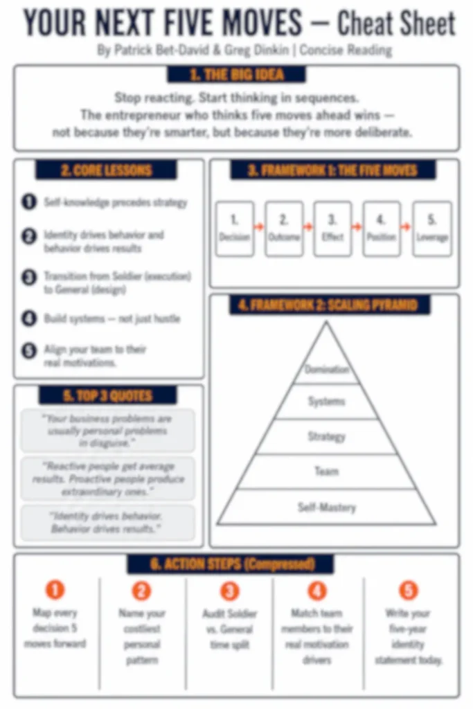 Blurred preview of the Your Next Five Moves one-page cheat sheet from Concise Reading premium summary