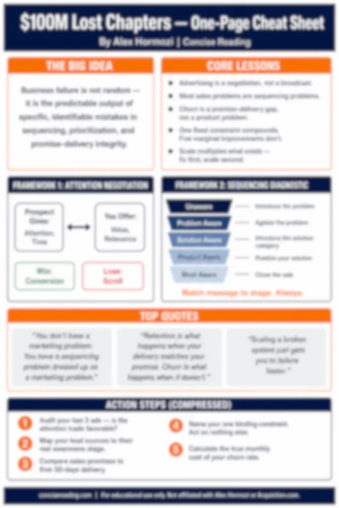 Blurred preview of the $100M Lost Chapters one-page cheat sheet by Concise Reading