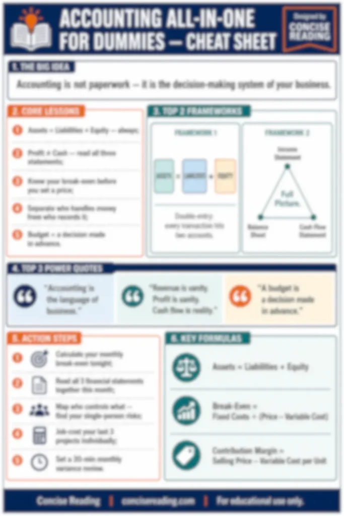 Blurred preview of the Accounting All-in-One For Dummies one-page cheat sheet — available in the premium summary by Concise Reading
