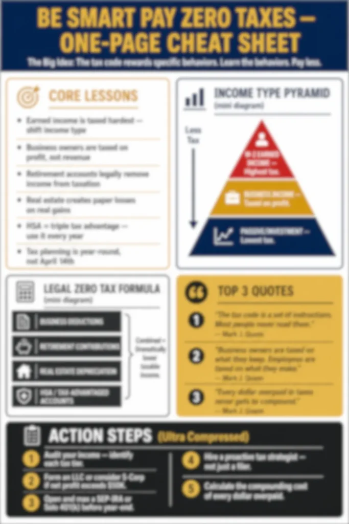 Blurred preview of the Be Smart Pay Zero Taxes premium summary cheat sheet — frameworks, key lessons, and action steps on one page