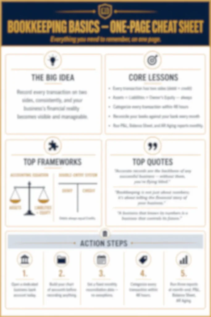 Blurred preview of the Bookkeeping Basics one-page cheat sheet included in the Concise Reading premium summary